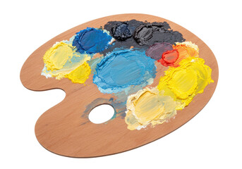 Wooden artist s palette with colorful oil paints isolated, art supplies for painting and creative projects on a clean background