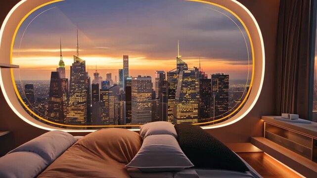 High-End Apartment Bedroom With Large Window Cityscape