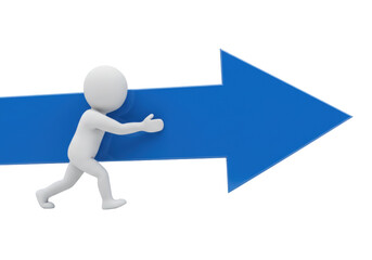 3D stick figure pushing a large blue arrow isolated, concept of progress and direction in PNG format
