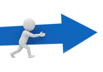 3D stick figure pushing a large blue arrow isolated, concept of progress and direction in PNG format