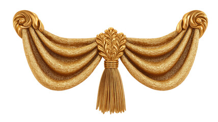 Antique golden curtain with elegant fabric texture and luxurious vintage drapery style for classic home interior isolated on white background