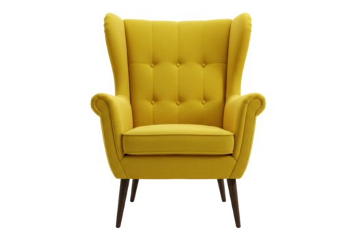 Stylish yellow wingback armchair isolated, comfortable upholstered seat with button tufting and wooden legs for living room furniture