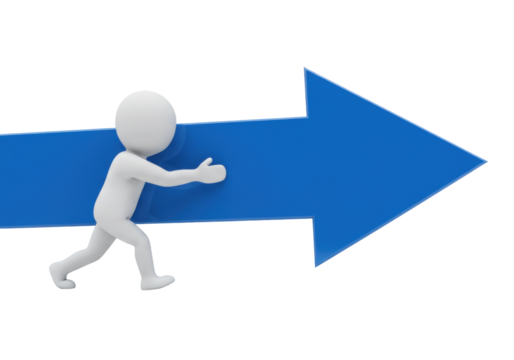 3D stick figure pushing a large blue arrow isolated, concept of progress and direction in PNG format - Powered by Adobe