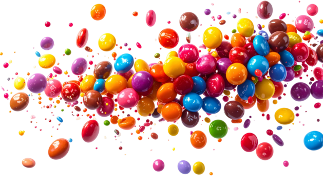 A vibrant cascade of assorted, colorful, and shiny, confectionery candies against a black background