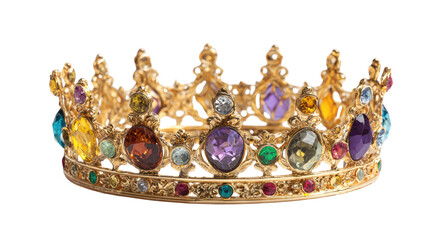 Shiny golden crown with detailed royal design and precious gemstone accents for luxury decoration isolated on white background