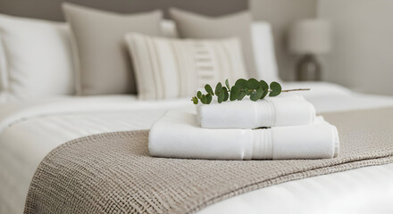 Elegant and Tranquil Hotel Room Ambiance: Crisp Linens, Soft Pillows, and Greenery Accent for Ultimate Comfort and Relaxation in a Modern Bedroom Setting with Serene Style