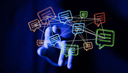 Abstract depiction of digital communication network with floating chat bubble icons connected by lines and user's hand.