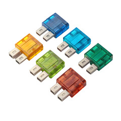 Assortment of colorful automotive blade fuses isolated on transparent background