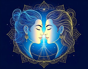 Two figures facing each other, a delicate mandala surrounds them