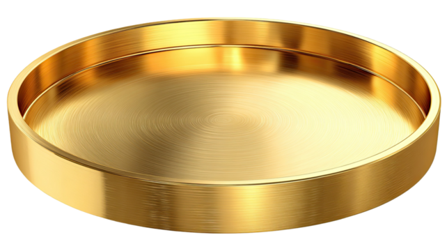 Elegant round gold metal plate with shiny reflective surface and luxury tableware style isolated on white background