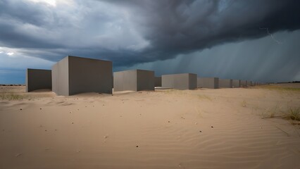 Minimalist Cubes Stormy Beach Landscape