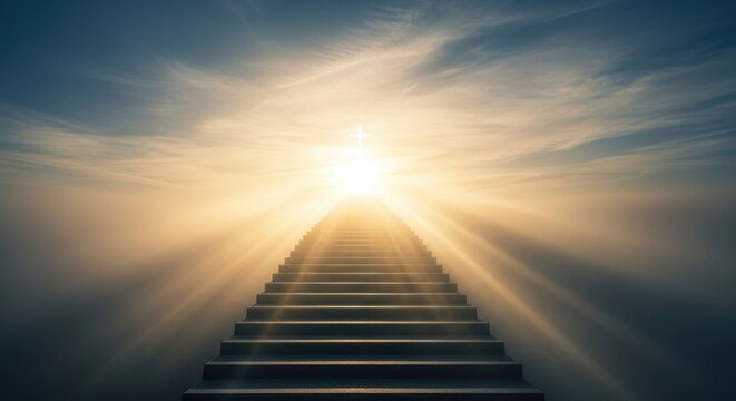 Ascending stone steps lead to a bright cross against a cloudy sky - Powered by Adobe