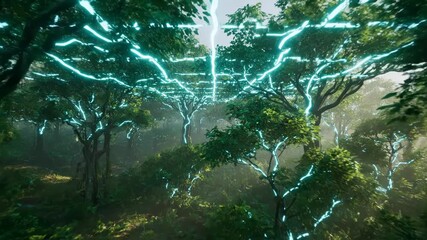 Forest scene with glowing blue branches and bright vertical light - Powered by Adobe