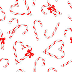 Christmas seamless pattern with red and white cane lollipops and hearts on a white background. Festive, bright, New Year's background for textiles, packaging, web design.