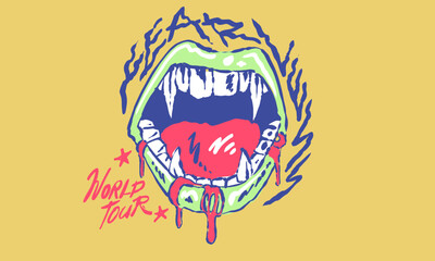 Retro illustration of a monster vampire mouth. Edgy artwork with Fearless World Tour text for band merchandise, t shirt print.