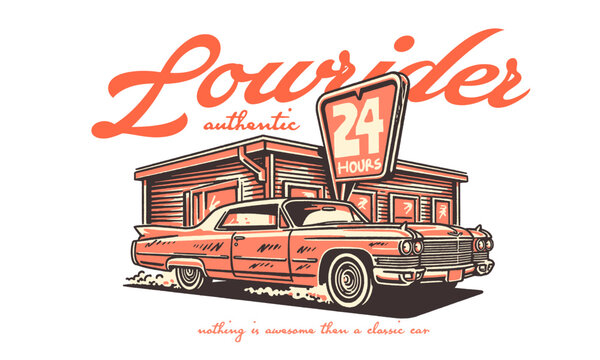 Retro illustration of a classic lowrider car. Authentic automotive artwork for t shirt print, poster