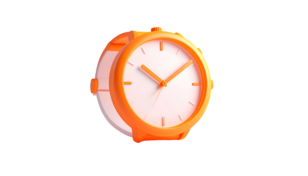A 3D rendered orange wristwatch with white face on black background