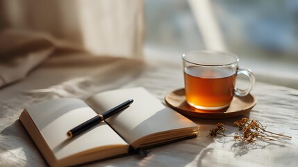 Mental health: journal open, pen, herbal tea cup, soft warm light through window, minimal, calm
