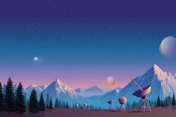 Fototapeta premium Serene night landscape with telescopes observing mountains and distant planets under starlit sky