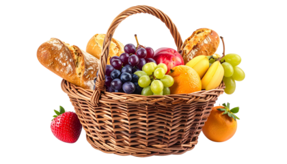 A wicker basket overflows with assorted fruits and bread against a transparent backdrop