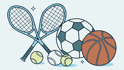 Illustration of two tennis rackets with tennis balls soccer ball and basketball together in a group