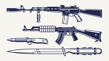 Illustration showcasing an assortment of firearms and knives in a stylized, graphic representation