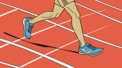 A runner in motion with blue shoes and tan skin running on a red track with white lines clearly visible