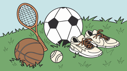 Assorted sports equipment including balls racket and shoes on green grass under a light blue sky