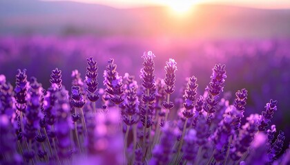 Naklejka premium Stunning lavender field bathed in golden light during a picturesque sunset scene