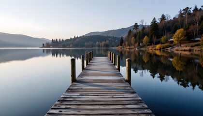 Naklejka premium Tranquil Lakeside Pier at Dawn Reflecting Surrounding Nature in a Calm Serenity