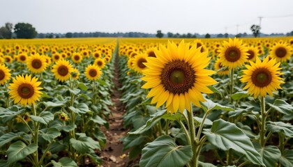 Obraz premium Vibrant Sunflower Field in Full Bloom Under a Clear Sky on a Warm Summer Day
