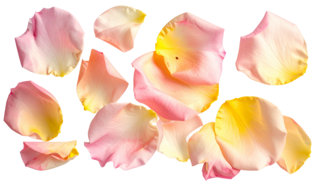 Isolated close-up of scattered light pink and yellow rose petals on a black background - Powered by Adobe