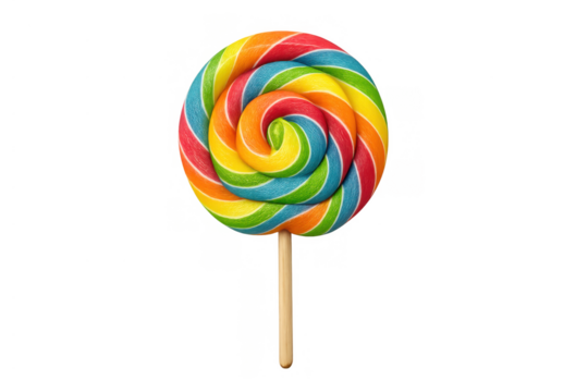 Rainbow swirl lollipop candy on stick highlighting sweet treats and childhood joy, transparent background