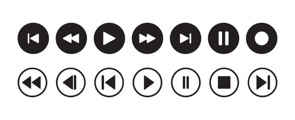 Media player button icons set. Stop, play, pause, rewind, fast forward and more