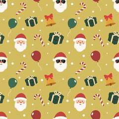 Cool Santa Christmas Seamless Pattern Vector: Sunglasses, Candy Cane, Gifts, Balloon, and Bells. Muted Gold Flat Design for Modern Festive Fabric and Wrapping Paper.