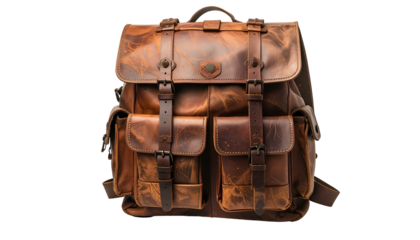 A rugged leather backpack, weathered with buckles, pockets, and a top handle against a black background