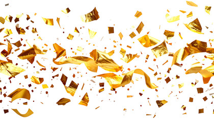 Metallic golden shards and ribbons appear to float against a contrasting black backdrop