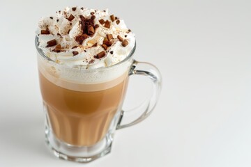 Delightful Beverage: A perfectly crafted cappuccino in a clear glass mug is topped with fluffy whipped cream and chocolate shavings, offering a tempting refreshment.