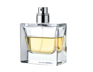 A clear, square perfume bottle filled with amber liquid stands against a dark background, highlighting its clean lines