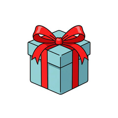 A cartoon-style illustration of a light blue gift box with a red ribbon and bow on top, against a plain white background.