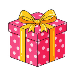 Illustration of a pink gift box with white polka dots, adorned with a yellow ribbon and bow on a plain white background.