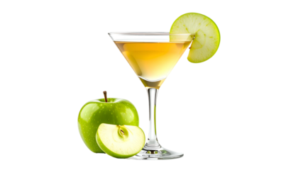 A clear martini glass with an apple slice, and a green apple next to it, all on black