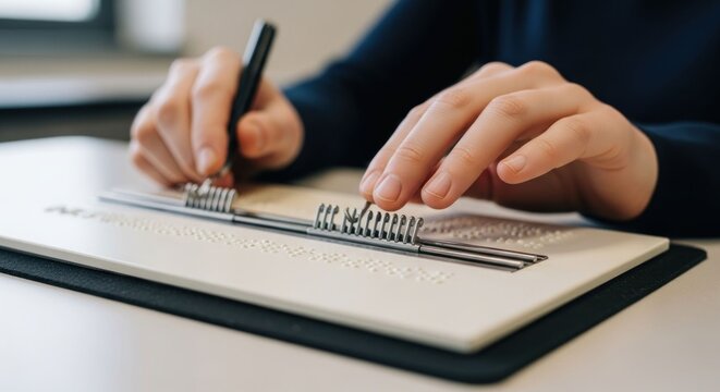 Close-up of hands writing with pen on a Braille sheet