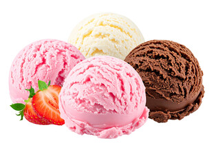 Four scoops of ice cream in strawberry, vanilla, and chocolate, with a few cut strawberries