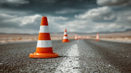 A single orange and white traffic cone is on the road