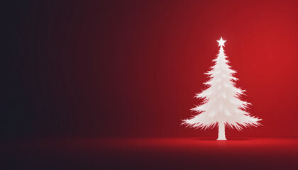 Minimalist background with a single Christmas tree silhouette in white, on a deep red gradient backdrop