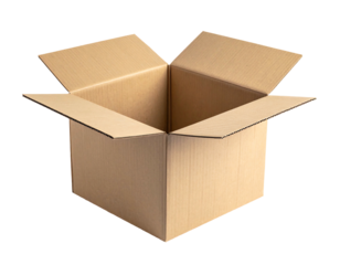 Open cardboard box, flaps spread wide, on black background. Ready for packing or moving, viewed from above