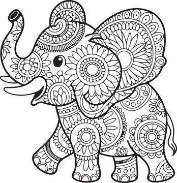 Hand drawn ink zentangle elephant for relax and meditation. Vector pattern