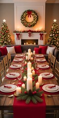 Obraz premium Festive christmas dining room with decorated table and christmas trees