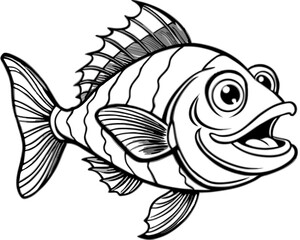 Happy cartoon fish with big eyes and open mouth swimming underwater